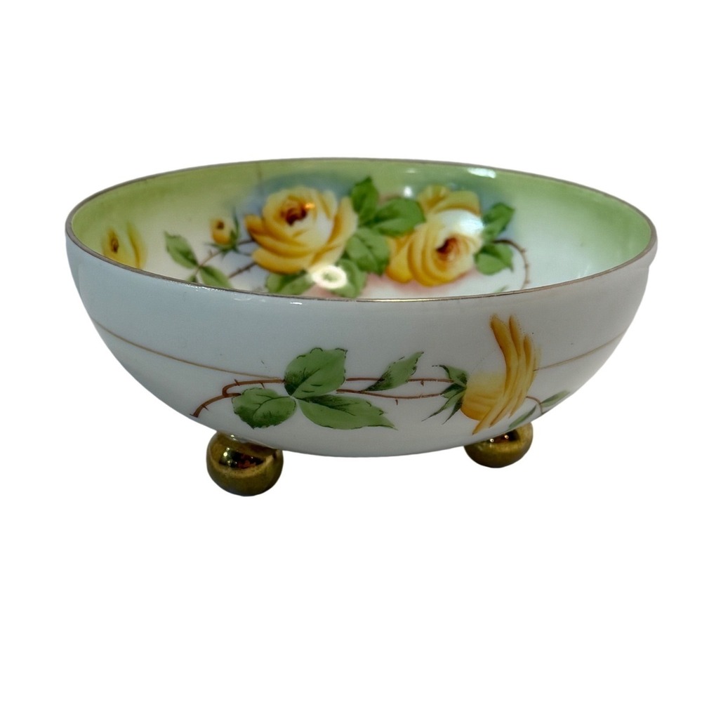 Vtg Royal Munich Hand Painted Porcelain Bowl Yellow Rose Footed Gold Trim Signed